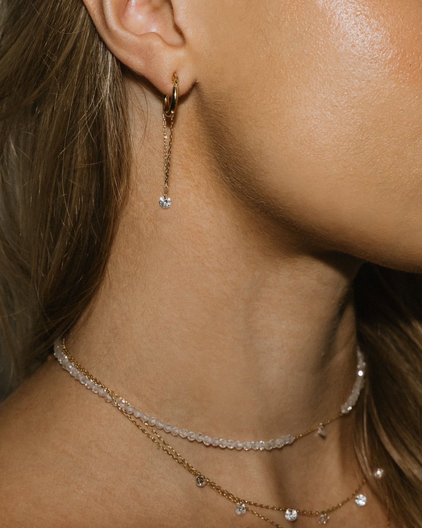 Hoop Earrings with a Chain and a Crystal drop - Oria.jewelry