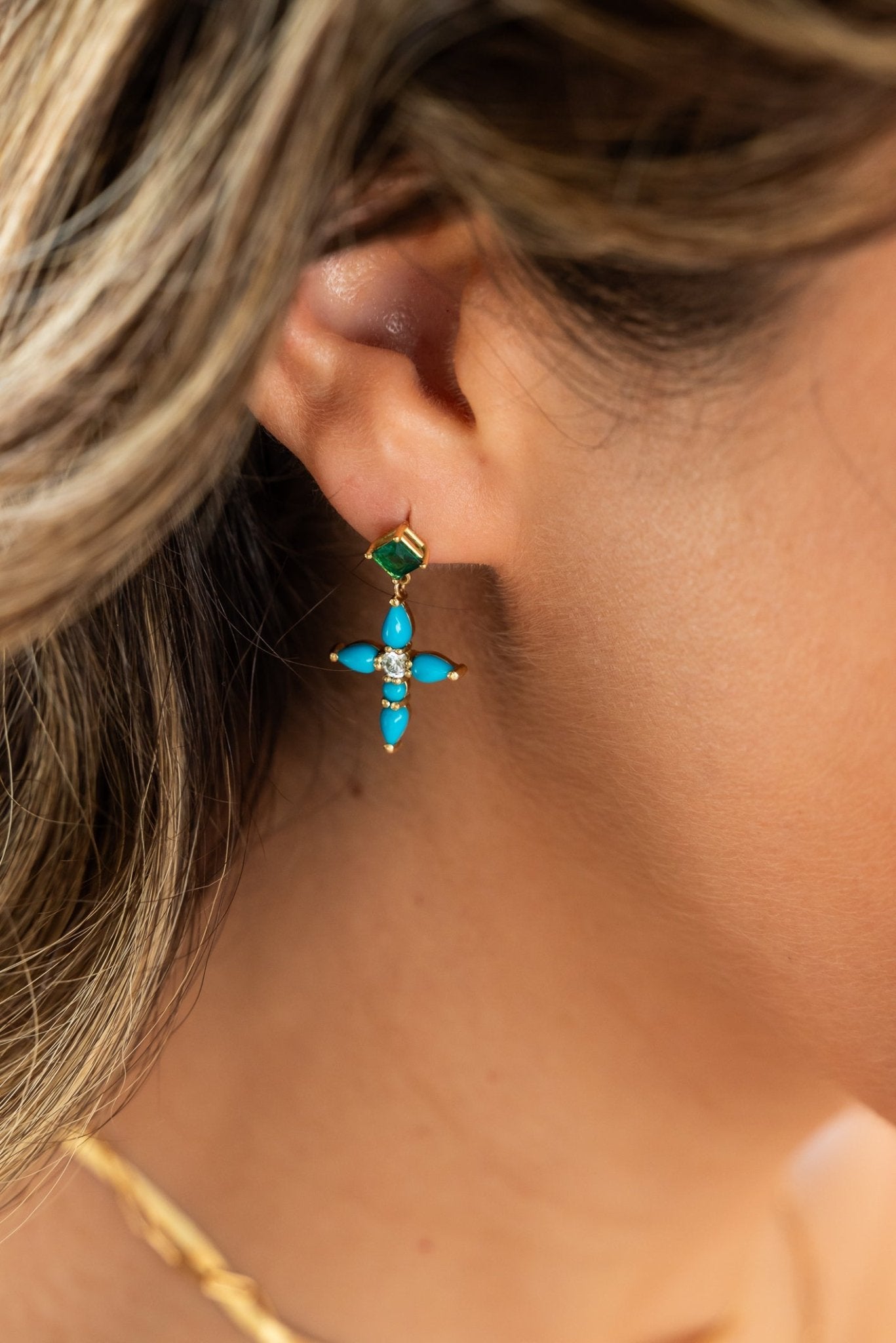 Single Turquoise Cross Earring - Oria.jewelry