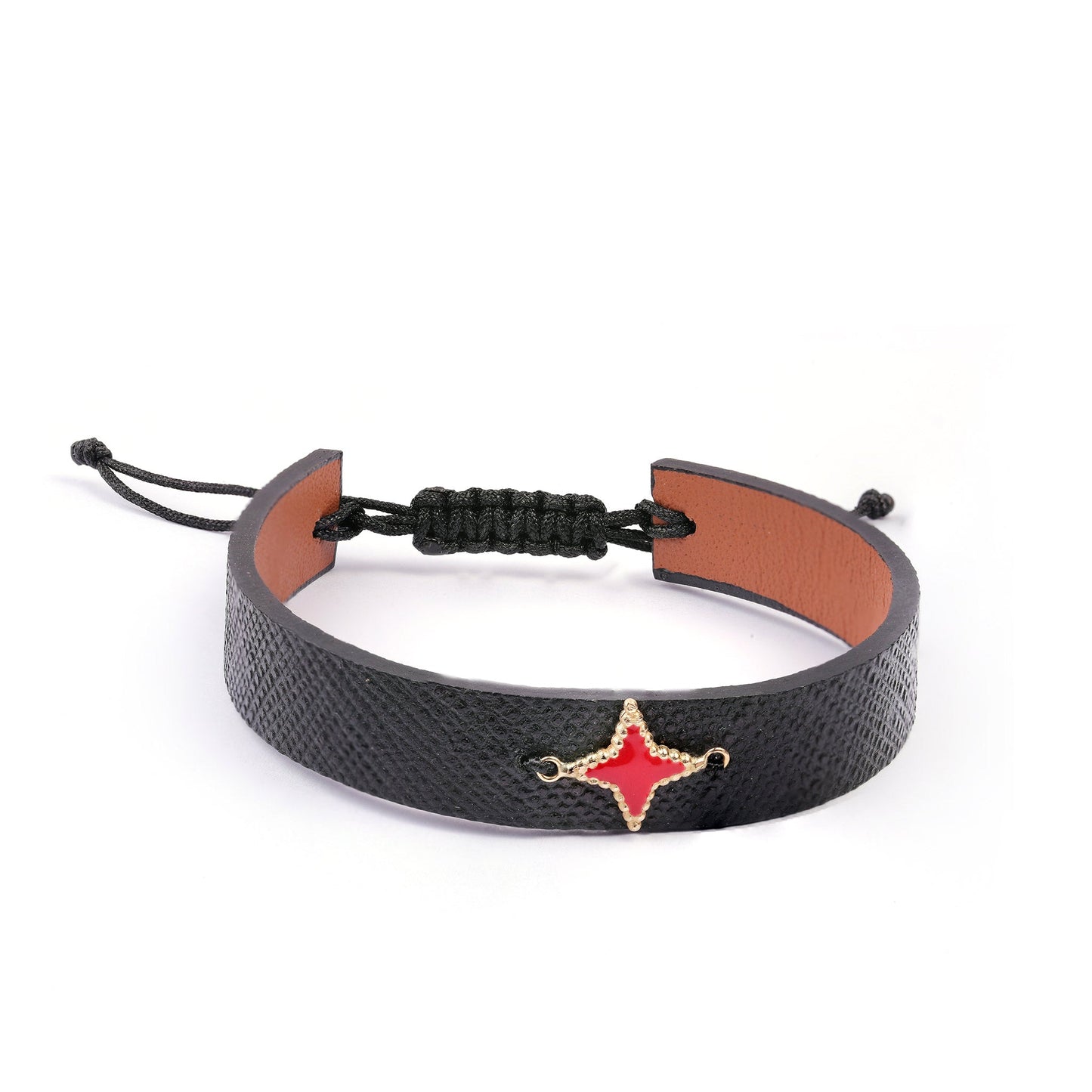 Load image into Gallery viewer, Leather Bracelet with Red Enamel Star in Gold - Oria.jewelry
