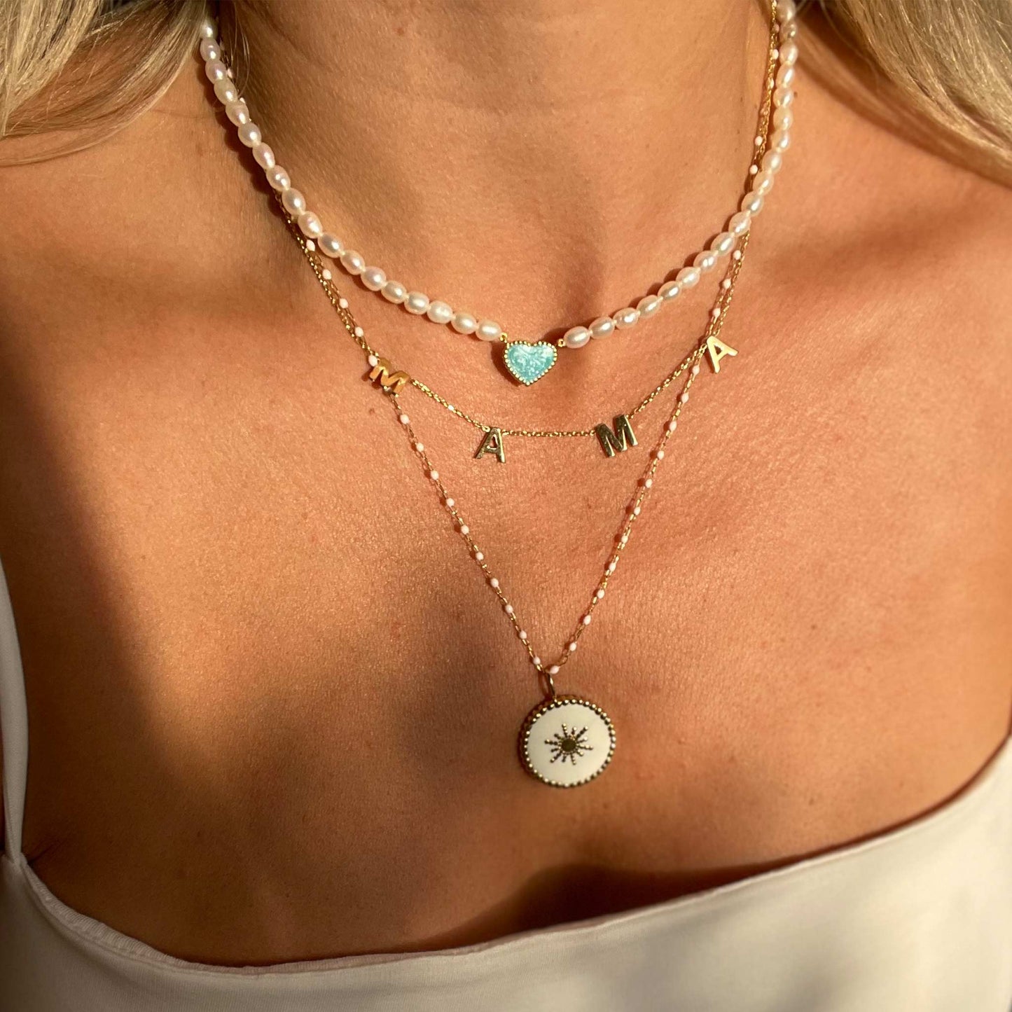 The Pearly Enamel Heart Necklace in Turquoise - Oria.jewelry